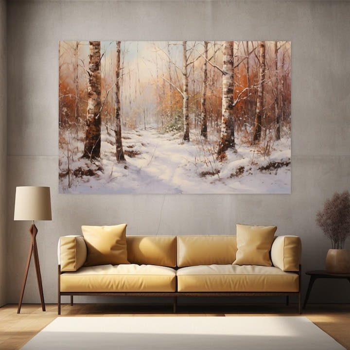 Painterly winter woodland with silver birch trunks and snowy path