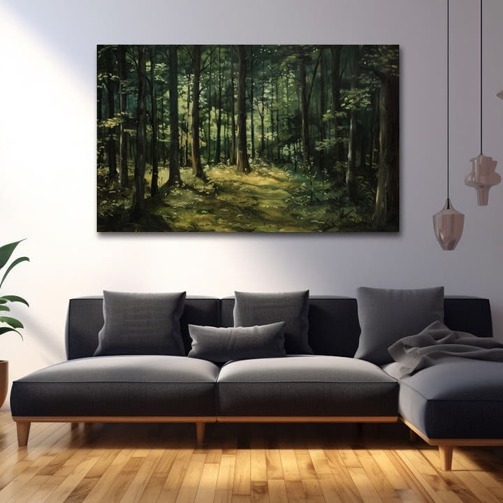 Painterly dark forest with sunlit green glade and tall trunks