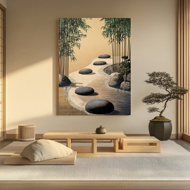 Japanese dry garden with dark pebbles on raked white sand framed by bamboo