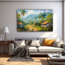 Tropical village with coconut palms and thatched houses below misty mountains