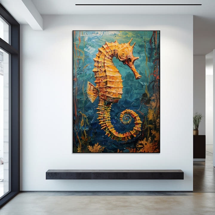 Impasto-style seahorse in gold against deep teal water