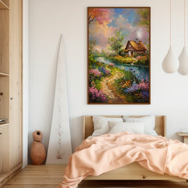 Painting of a thatched cottage by a stream amid a blooming flower garden