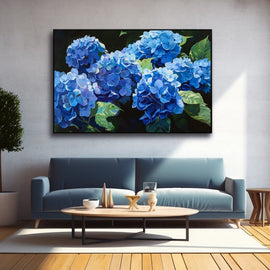 Painting of vivid sapphire blue hydrangea blooms against a dark background