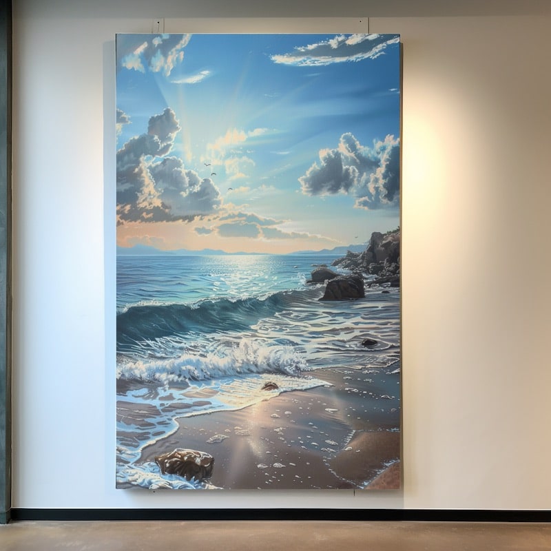 Sunlit seascape painting of waves rolling onto a golden sandy shore with rocks and sunrays