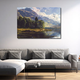 Mountain landscape oil painting with pine trees and a still loch