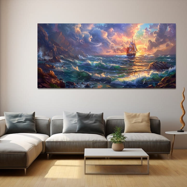 Tall sailing ship on stormy waves under a blazing sunset sky beside rocky cliffs