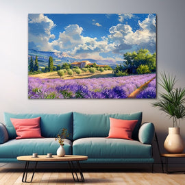 Provencal oil painting of a lavender field and stone farmhouse