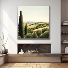Oil painting of rolling green hills with olive trees and a tall cypress under a pale sky