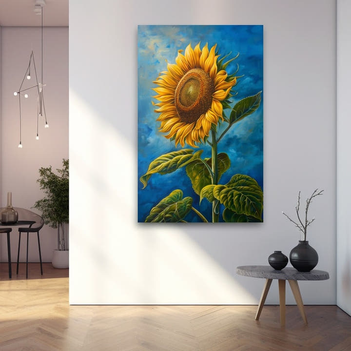 Painted golden sunflower with green leaves against a cobalt-blue sky