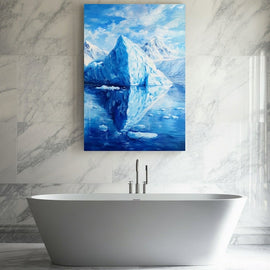 Painting of a blue and white iceberg reflected in still polar water below snowy mountains