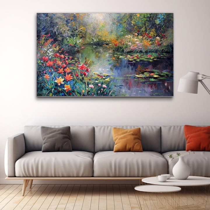 Impressionist painting of a colourful flower garden beside a lily pond