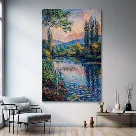 Impressionist landscape painting of poplars and a sunset riverside with reeds and wildflowers