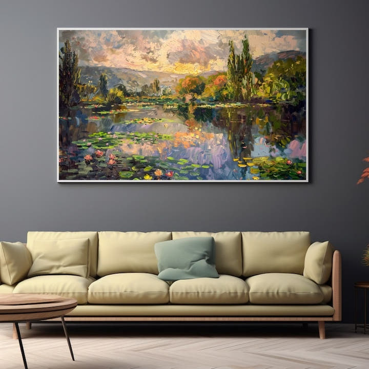 Impressionist painting of a water lily pond with pink blooms under a golden sunset sky