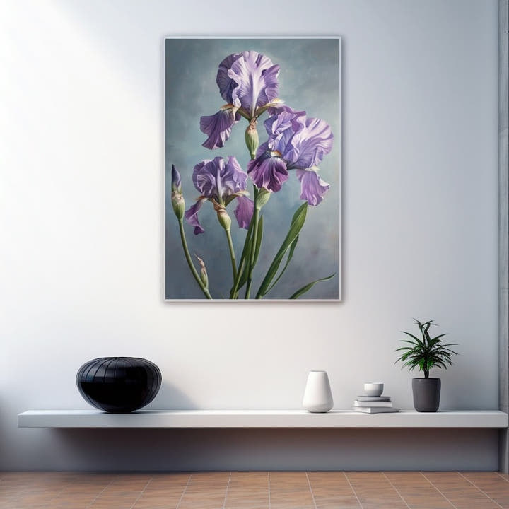 Painting of a cluster of pale lavender irises on a misty grey-blue background