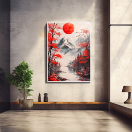 Japanese ink landscape with a red sun, crimson maples and misty mountains