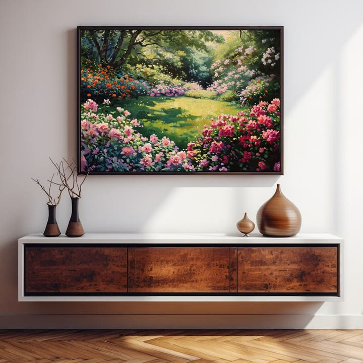 Impressionist flower garden painting with a green glade and pink and crimson blossom