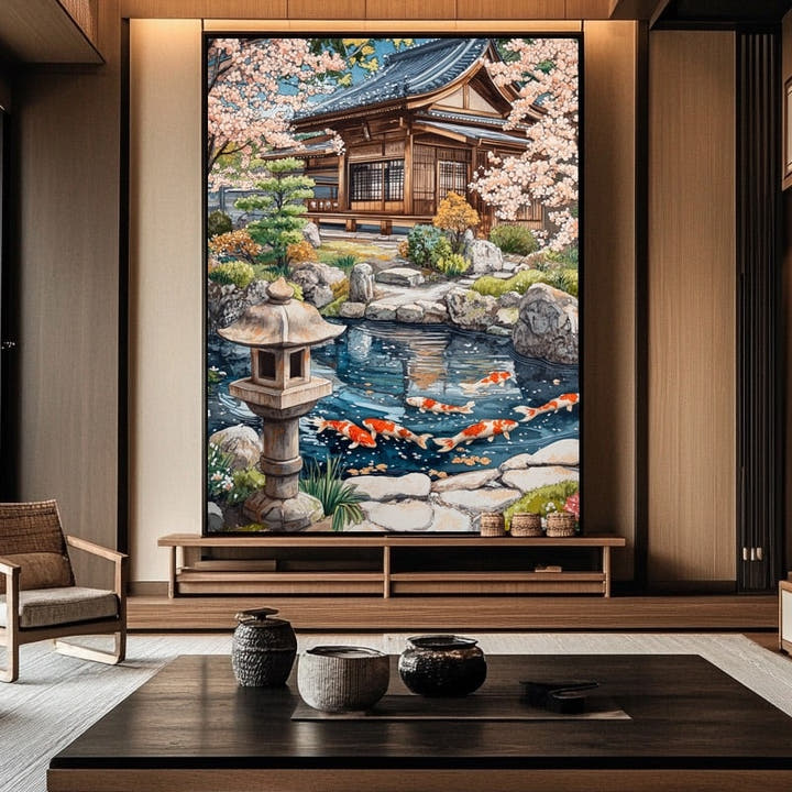 Wooden Japanese house, stone lantern and koi pond with cherry blossom