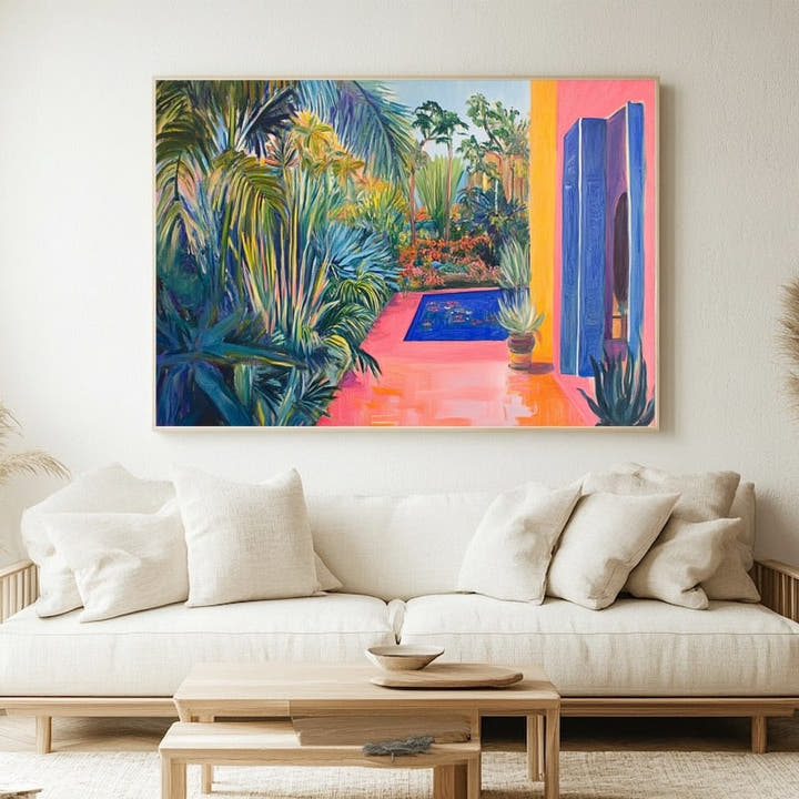 Painting of a Marrakech garden with hot pink terrace, cobalt pool, agave and palms