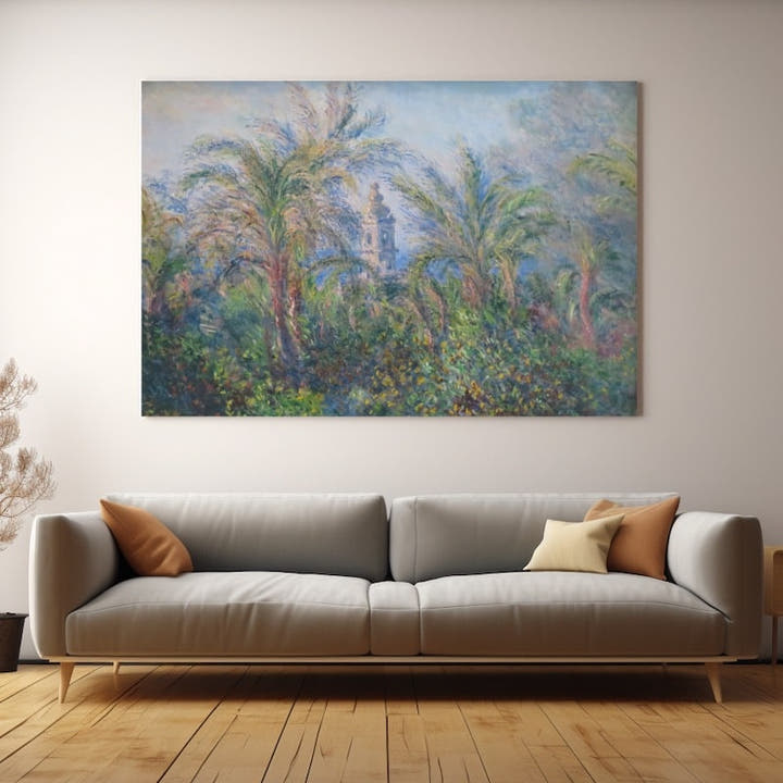 Impressionist Mediterranean garden painting with tall palms and a pale tower