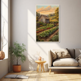 Tended vegetable garden with timber shed under a peach sunset sky