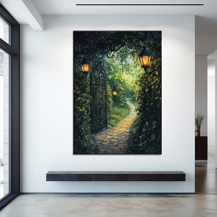 Painting of an open wrought-iron garden gate with lanterns and a cobblestone path through ivy
