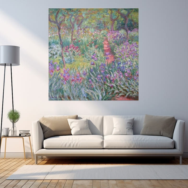 Monet Giverny iris garden with purple and pink blooms