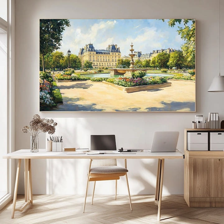 Formal city garden painting with an ornate fountain and Parisian palace