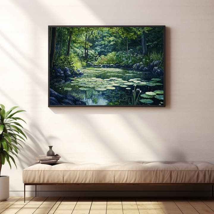 Garden oil painting of a shaded woodland pond with lily pads and mossy rocks