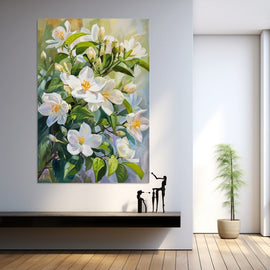 Impressionistic painting of white jasmine blooms with golden centres
