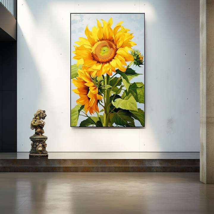 Yellow sunflower painting close-up against a soft blue sky