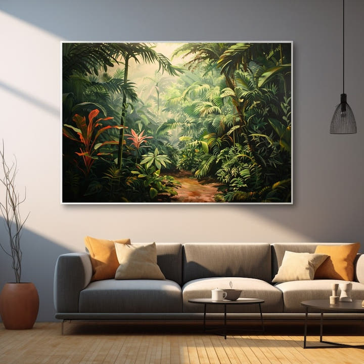 Jungle rainforest painting of a sunlit path through tropical greenery