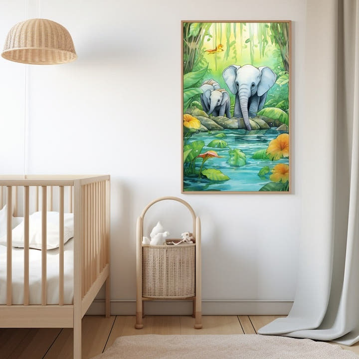 Watercolour of an elephant and calf beside a turquoise jungle pool with orange hibiscus