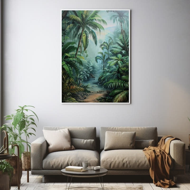 Misty tropical jungle with palms, ferns and a winding stream
