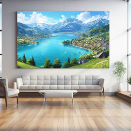 Turquoise mountain lake with a white sailboat and lakeside town beneath snow-capped peaks