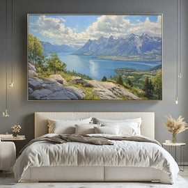 Painted Swiss landscape of an alpine lake framed by snow-capped mountains