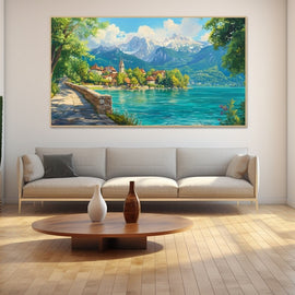 Oil-style alpine lake with turquoise water, a stone path and a chalet village beneath snowy peaks