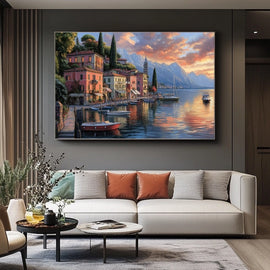 Oil painting of an Italian lakeside village at dusk with pastel houses, cypress trees and moored boats under a sunset sky