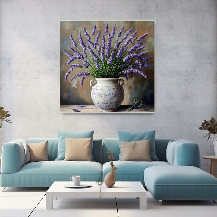 Lavender arrangement in a blue-and-white ceramic pot still life