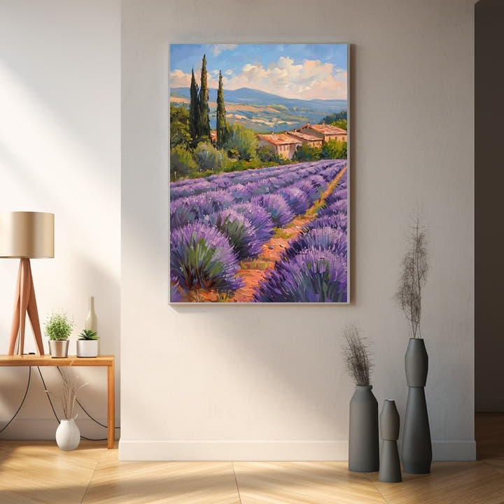 Provencal lavender field with cypress trees and a terracotta farmhouse