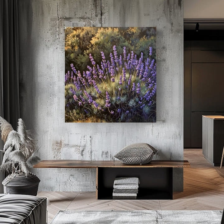 Close-up lavender plant painting glowing in golden backlight on a dark background