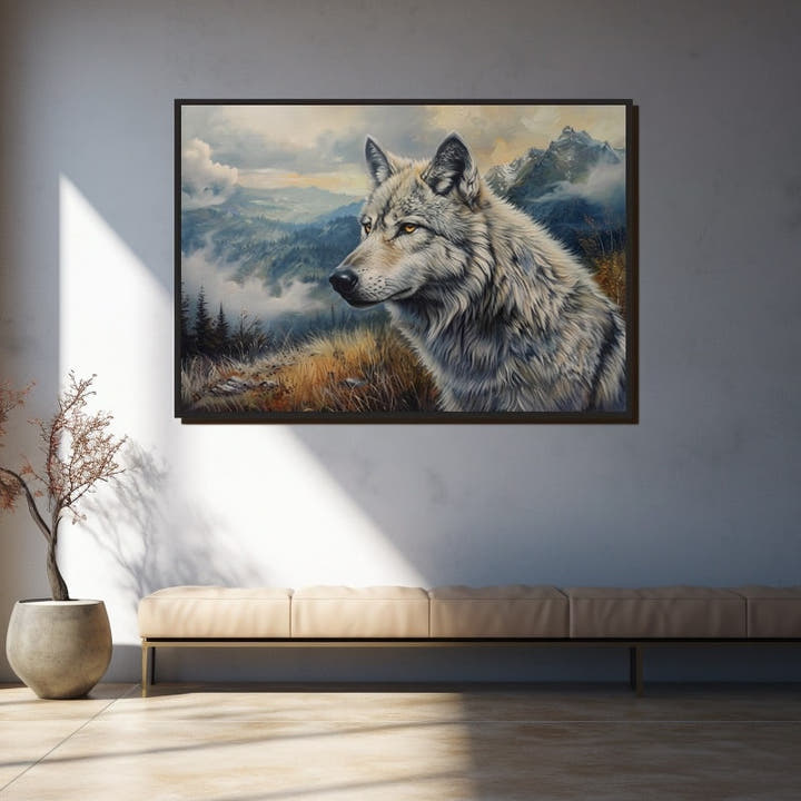 Painting of a grey wolf in profile above misty mountain peaks