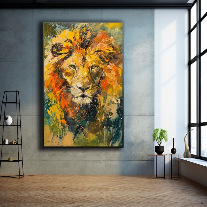 Frontal lion portrait in textured palette-knife oil with orange and green tones