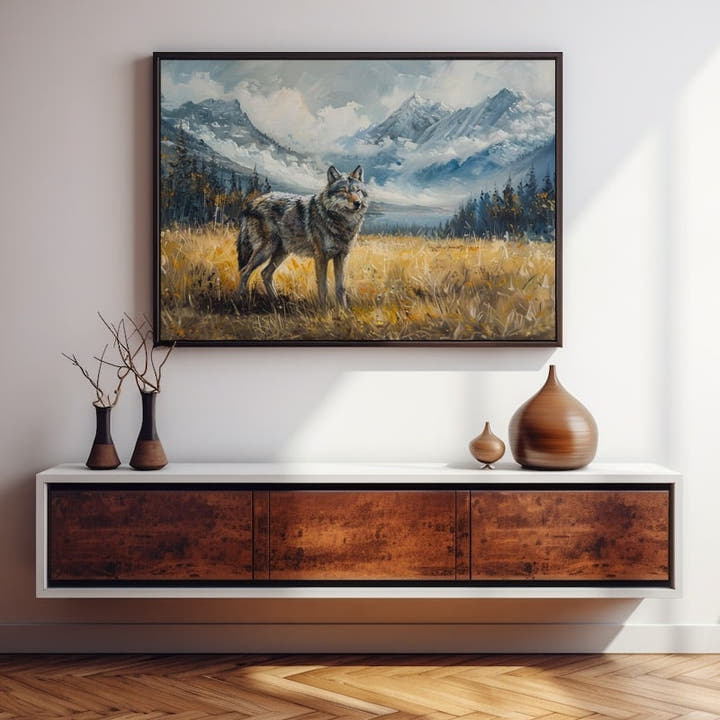 Painted grey wolf standing in a golden mountain meadow