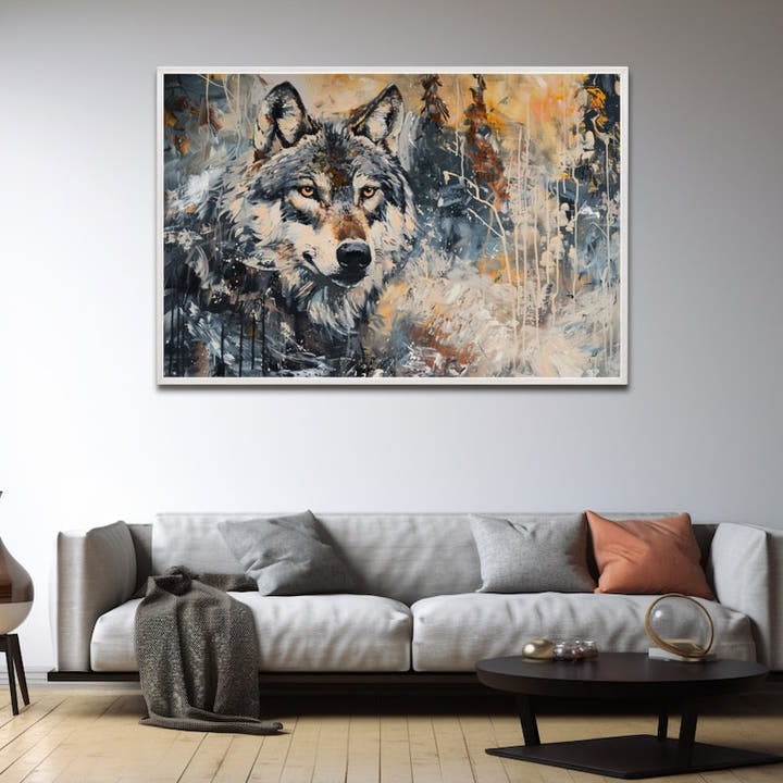 Abstract wolf painting with amber eyes and rust and grey strokes