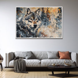 Abstract wolf painting with amber eyes and rust and grey strokes