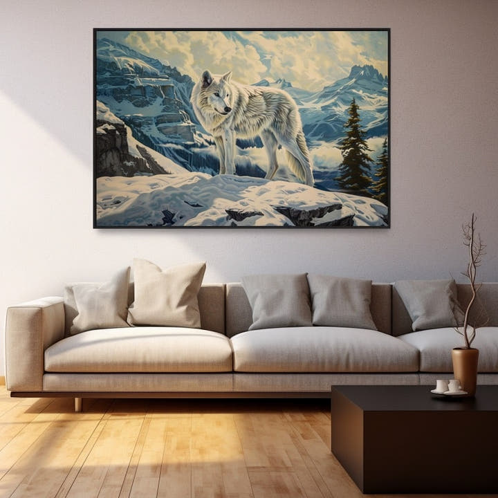 White wolf standing on a snowy mountain ridge