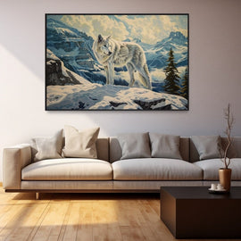 White wolf standing on a snowy mountain ridge