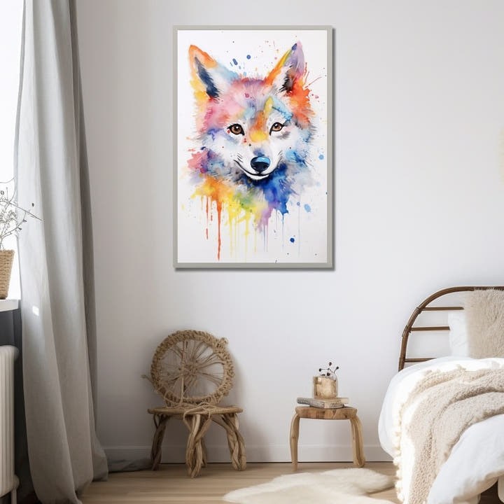 Colourful rainbow watercolour wolf face with paint splashes on white