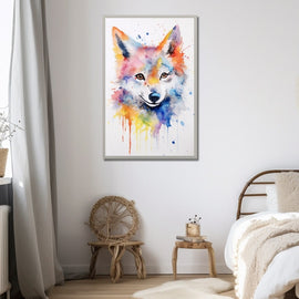 Colourful rainbow watercolour wolf face with paint splashes on white
