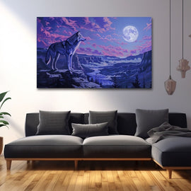 Wolf on a rocky ledge above a canyon at violet twilight with full moon